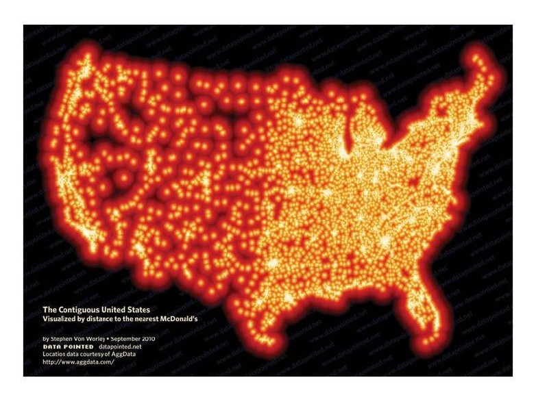 **Análisis y exploración.** Mapa de EE. UU. con la distancia al McDonald's más cercano. La densidad de puntos revela patrones geográficos sin que el autor indique dónde mirar — el lector descubre por sí mismo.