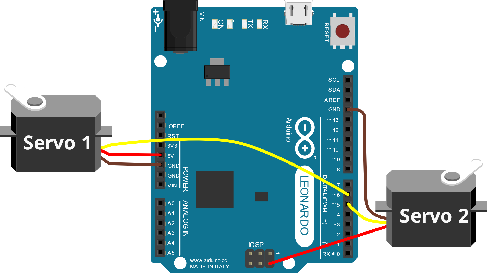 Diagrama de cableado servo-Arduino con los tres cables señal/5V/GND identificados. Imagen de referencia técnica indispensable para que no se queme nada en el primer intento — un cableado erróneo puede dañar el servo o el Arduino. La cápsula la usa como check-list visual antes de encender la placa.